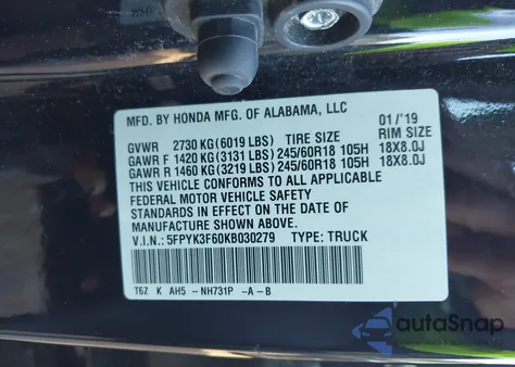 2019 Honda Ridgeline Rtl-T из США, поврежденный, VIN 5FPYK3F60KB030279